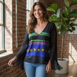 Vintage Parasuco Black Lace Sleeve V Neck Graphic Print T Shirt Top Size‎ M Y2K